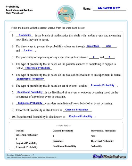 Probability worksheets including simple coin tosses, spinners and dice throws. These worksheets also include vocabulary for solving probability problems as percentages, decimals or fraction values representing that measurement of possible outcomes for simple problems.  Probability Terminologies And Symbols V1