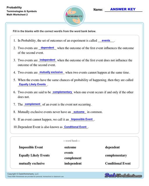 Probability worksheets including simple coin tosses, spinners and dice throws. These worksheets also include vocabulary for solving probability problems as percentages, decimals or fraction values representing that measurement of possible outcomes for simple problems.  Probability Terminologies And Symbols V2