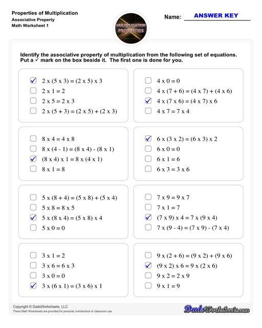 If you are looking for multiplication practice focused on the distributive property, associative property or the commutative property then these properties of multiplication worksheets have you covered. Learn how to use multiplication properties to simplify equations or in reverse for factoring.  Properties Of Multiplication Associative Property V1