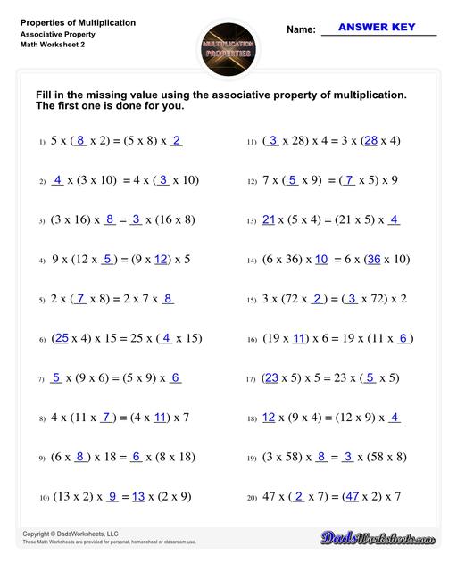 If you are looking for multiplication practice focused on the distributive property, associative property or the commutative property then these properties of multiplication worksheets have you covered. Learn how to use multiplication properties to simplify equations or in reverse for factoring.  Properties Of Multiplication Associative Property V2