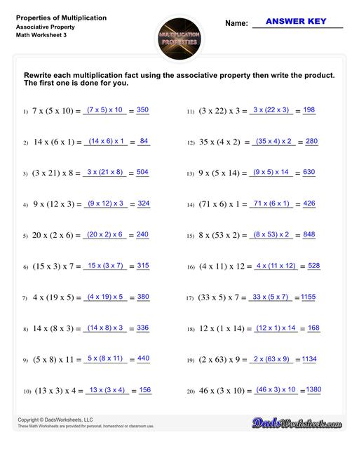 If you are looking for multiplication practice focused on the distributive property, associative property or the commutative property then these properties of multiplication worksheets have you covered. Learn how to use multiplication properties to simplify equations or in reverse for factoring.  Properties Of Multiplication Associative Property V3
