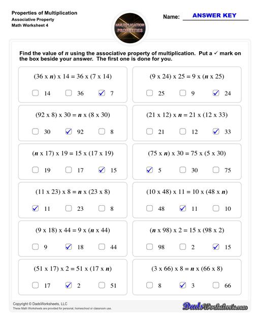 If you are looking for multiplication practice focused on the distributive property, associative property or the commutative property then these properties of multiplication worksheets have you covered. Learn how to use multiplication properties to simplify equations or in reverse for factoring.  Properties Of Multiplication Associative Property V4