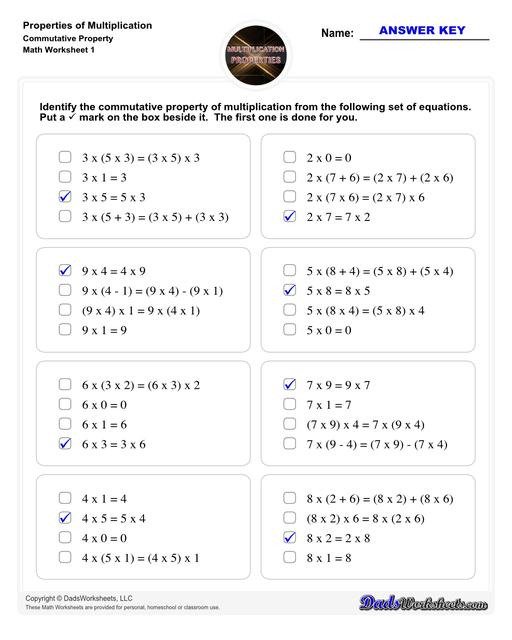 If you are looking for multiplication practice focused on the distributive property, associative property or the commutative property then these properties of multiplication worksheets have you covered. Learn how to use multiplication properties to simplify equations or in reverse for factoring.  Properties Of Multiplication Commutative Property V1