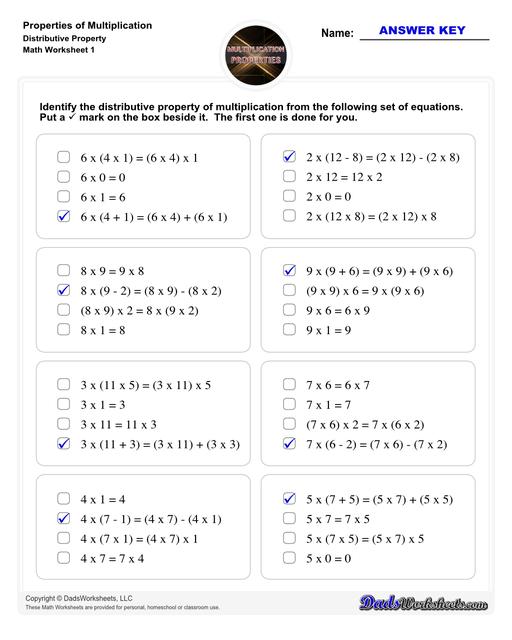 If you are looking for multiplication practice focused on the distributive property, associative property or the commutative property then these properties of multiplication worksheets have you covered. Learn how to use multiplication properties to simplify equations or in reverse for factoring.  Properties Of Multiplication Distributive Property V1