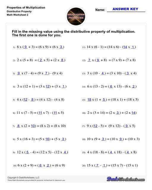 If you are looking for multiplication practice focused on the distributive property, associative property or the commutative property then these properties of multiplication worksheets have you covered. Learn how to use multiplication properties to simplify equations or in reverse for factoring.  Properties Of Multiplication Distributive Property V2