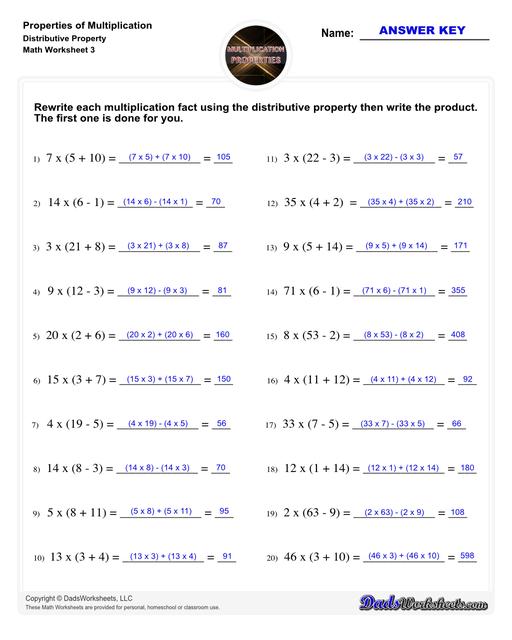 If you are looking for multiplication practice focused on the distributive property, associative property or the commutative property then these properties of multiplication worksheets have you covered. Learn how to use multiplication properties to simplify equations or in reverse for factoring.  Properties Of Multiplication Distributive Property V3