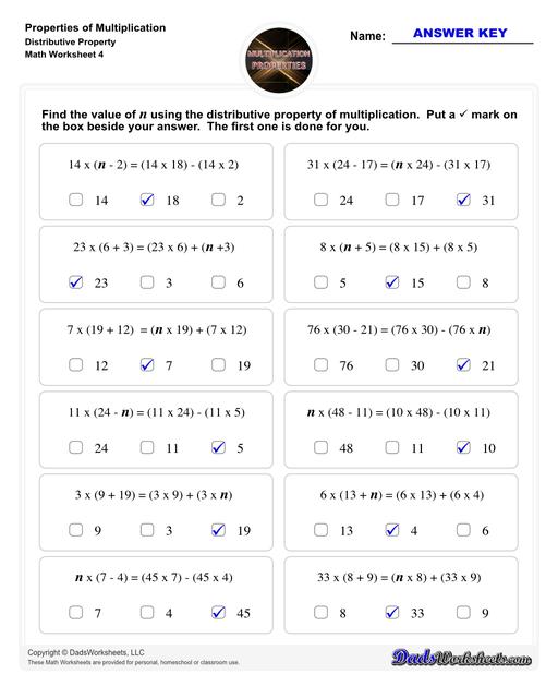 If you are looking for multiplication practice focused on the distributive property, associative property or the commutative property then these properties of multiplication worksheets have you covered. Learn how to use multiplication properties to simplify equations or in reverse for factoring.  Properties Of Multiplication Distributive Property V4
