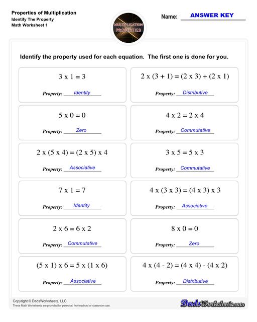 If you are looking for multiplication practice focused on the distributive property, associative property or the commutative property then these properties of multiplication worksheets have you covered. Learn how to use multiplication properties to simplify equations or in reverse for factoring.  Properties Of Multiplication Identify The Property V1