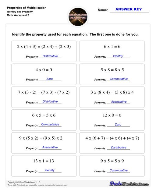 If you are looking for multiplication practice focused on the distributive property, associative property or the commutative property then these properties of multiplication worksheets have you covered. Learn how to use multiplication properties to simplify equations or in reverse for factoring.  Properties Of Multiplication Identify The Property V2