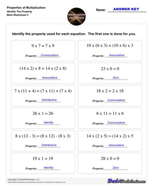 If you are looking for multiplication practice focused on the distributive property, associative property or the commutative property then these properties of multiplication worksheets have you covered. Learn how to use multiplication properties to simplify equations or in reverse for factoring.  Properties Of Multiplication Identify The Property V3
