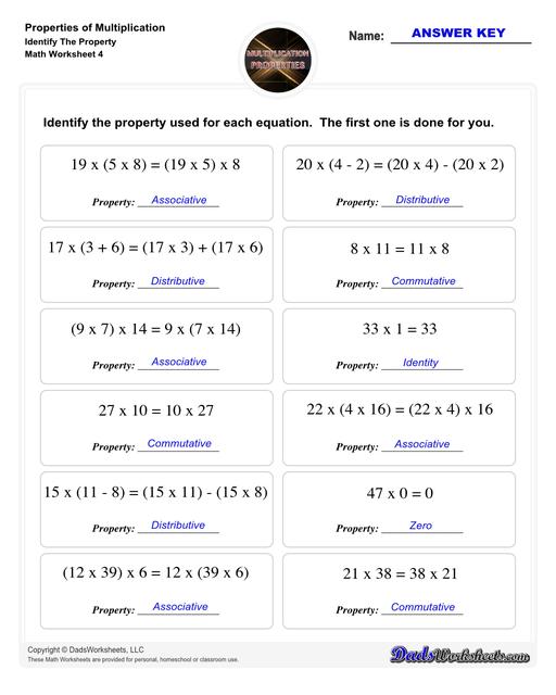 If you are looking for multiplication practice focused on the distributive property, associative property or the commutative property then these properties of multiplication worksheets have you covered. Learn how to use multiplication properties to simplify equations or in reverse for factoring.  Properties Of Multiplication Identify The Property V4