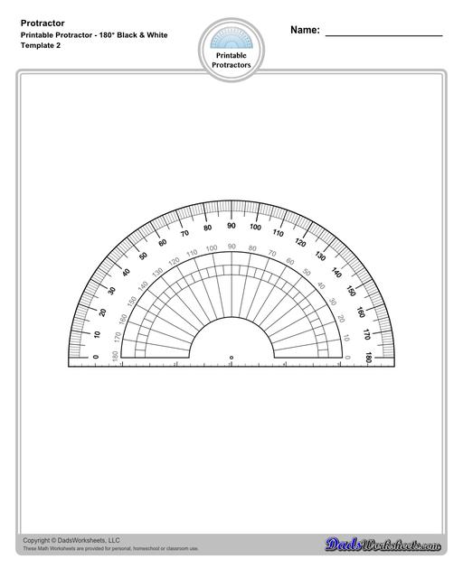 Measuring angles with a protractor worksheets, including blank printable protractor PDFs and detailed instructions on how to use a protractor to measure different types of angles.  Printable Protractor Black And White 180 Degrees Inner And Outer Scale