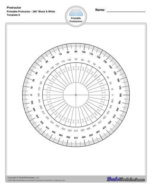 Measuring angles with a protractor worksheets, including blank printable protractor PDFs and detailed instructions on how to use a protractor to measure different types of angles.  Printable Protractor Black And White 360 Degrees Inner And Outer Scale