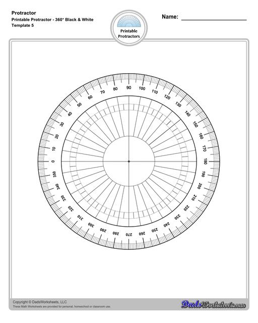 Measuring angles with a protractor worksheets, including blank printable protractor PDFs and detailed instructions on how to use a protractor to measure different types of angles.  Printable Protractor Black And White 360 Degrees Outer Scale