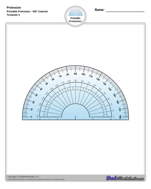 Measuring angles with a protractor worksheets, including blank printable protractor PDFs and detailed instructions on how to use a protractor to measure different types of angles.  Printable Protractor Colored 180 Degrees Inner And Outer Scale