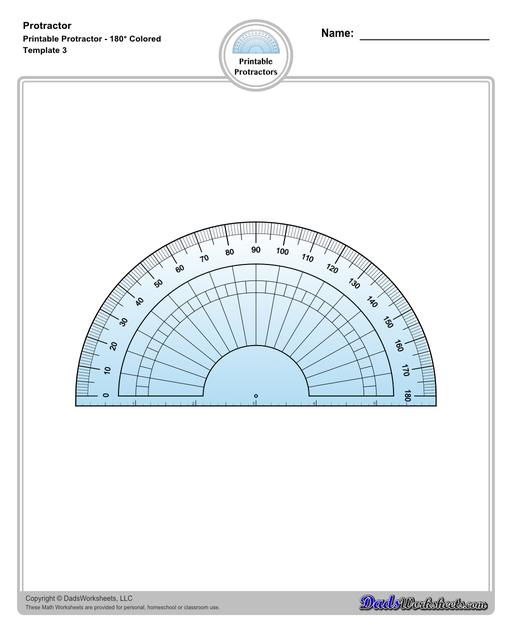 Measuring angles with a protractor worksheets, including blank printable protractor PDFs and detailed instructions on how to use a protractor to measure different types of angles.  Printable Protractor Colored 180 Degrees Outer Scale