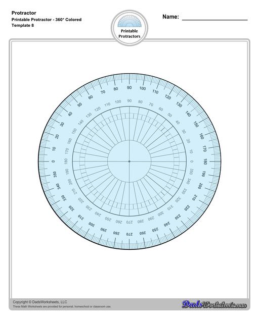 Measuring angles with a protractor worksheets, including blank printable protractor PDFs and detailed instructions on how to use a protractor to measure different types of angles.  Printable Protractor Colored 360 Degrees Inner And Outer Scale