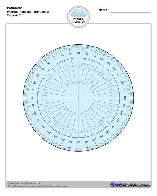 Measuring angles with a protractor worksheets, including blank printable protractor PDFs and detailed instructions on how to use a protractor to measure different types of angles.  Printable Protractor Colored 360 Degrees Outer Scale
