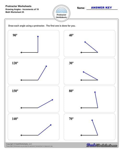 Measuring angles with a protractor worksheets, including blank printable protractor PDFs and detailed instructions on how to use a protractor to measure different types of angles.  Protractor Drawing Angles Increments of 10 Degrees V1