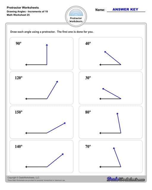 Measuring angles with a protractor worksheets, including blank printable protractor PDFs and detailed instructions on how to use a protractor to measure different types of angles.  Protractor Drawing Angles Increments of 10 Degrees V1