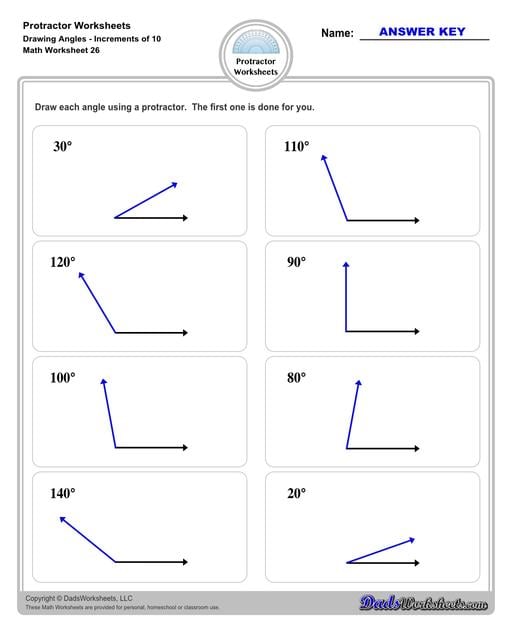 Measuring angles with a protractor worksheets, including blank printable protractor PDFs and detailed instructions on how to use a protractor to measure different types of angles.  Protractor Drawing Angles Increments of 10 Degrees V2