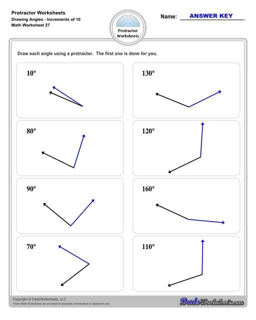 Measuring angles with a protractor worksheets, including blank printable protractor PDFs and detailed instructions on how to use a protractor to measure different types of angles.  Protractor Drawing Angles Increments of 10 Degrees V3