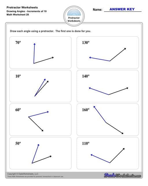 Measuring angles with a protractor worksheets, including blank printable protractor PDFs and detailed instructions on how to use a protractor to measure different types of angles.  Protractor Drawing Angles Increments of 10 Degrees V4
