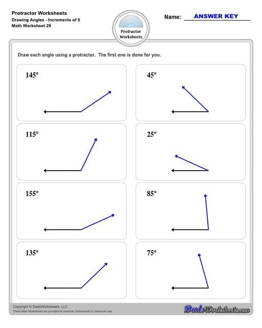 Measuring angles with a protractor worksheets, including blank printable protractor PDFs and detailed instructions on how to use a protractor to measure different types of angles.  Protractor Drawing Angles Increments of 5 Degrees V1