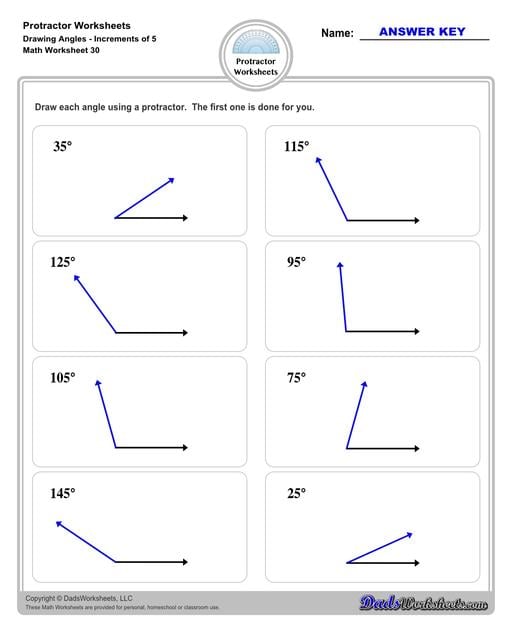 Measuring angles with a protractor worksheets, including blank printable protractor PDFs and detailed instructions on how to use a protractor to measure different types of angles.  Protractor Drawing Angles Increments of 5 Degrees V2
