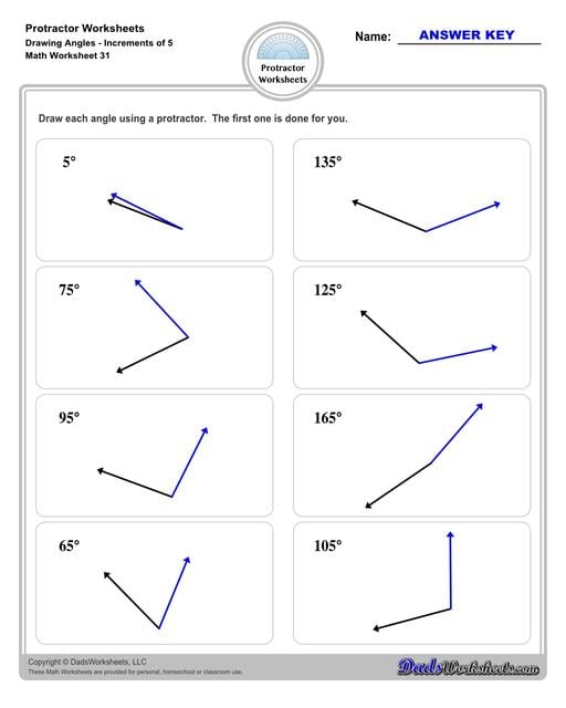 Measuring angles with a protractor worksheets, including blank printable protractor PDFs and detailed instructions on how to use a protractor to measure different types of angles.  Protractor Drawing Angles Increments of 5 Degrees V3