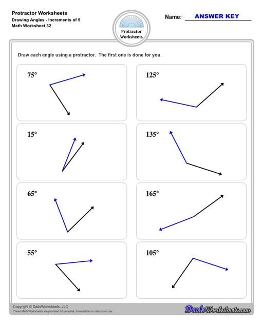 Measuring angles with a protractor worksheets, including blank printable protractor PDFs and detailed instructions on how to use a protractor to measure different types of angles.  Protractor Drawing Angles Increments of 5 Degrees V4