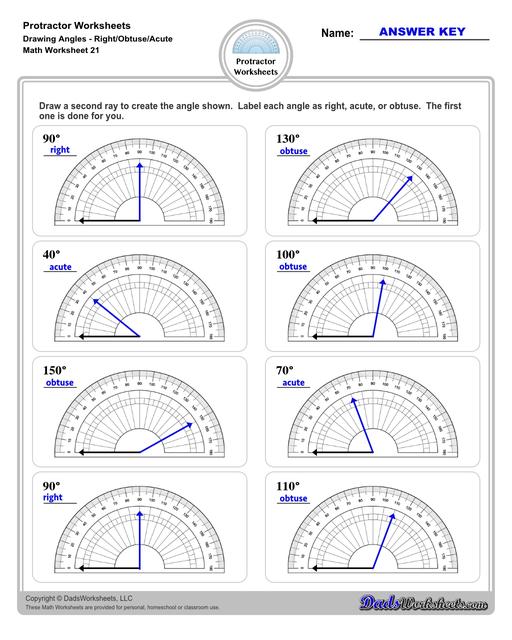 Measuring angles with a protractor worksheets, including blank printable protractor PDFs and detailed instructions on how to use a protractor to measure different types of angles.  Protractor Drawing Angles Right Obtuse Acute V1