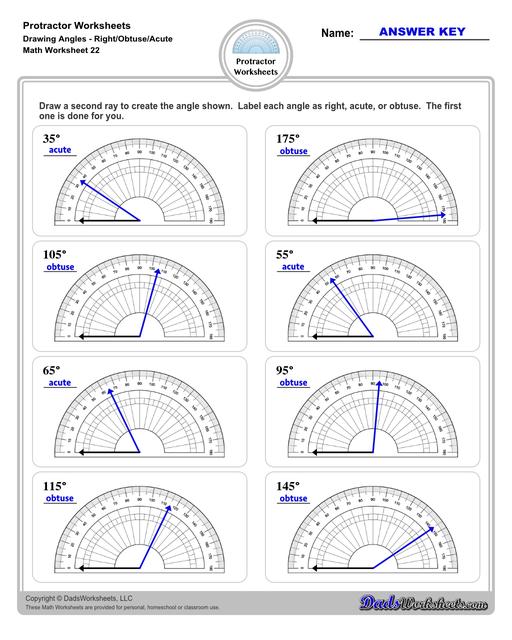 Measuring angles with a protractor worksheets, including blank printable protractor PDFs and detailed instructions on how to use a protractor to measure different types of angles.  Protractor Drawing Angles Right Obtuse Acute V2