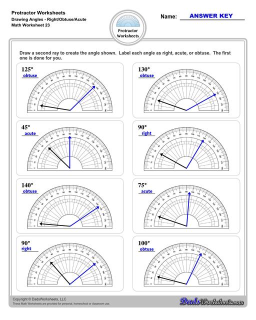 Measuring angles with a protractor worksheets, including blank printable protractor PDFs and detailed instructions on how to use a protractor to measure different types of angles.  Protractor Drawing Angles Right Obtuse Acute V3