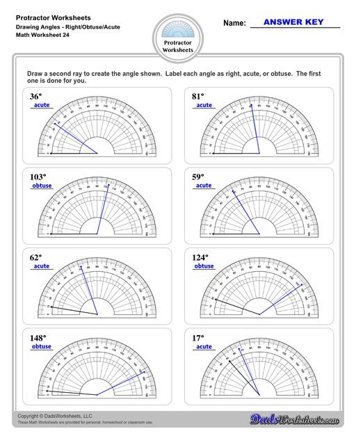 Measuring angles with a protractor worksheets, including blank printable protractor PDFs and detailed instructions on how to use a protractor to measure different types of angles.  Protractor Drawing Angles Right Obtuse Acute V4