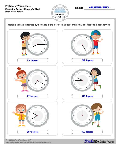 Measuring angles with a protractor worksheets, including blank printable protractor PDFs and detailed instructions on how to use a protractor to measure different types of angles.  Protractor Measuring Angles Hands Of A Clock V3