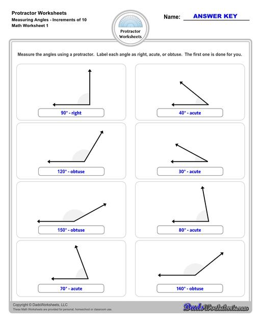 Measuring angles with a protractor worksheets, including blank printable protractor PDFs and detailed instructions on how to use a protractor to measure different types of angles. Measuring Angles with a Protractor Increments of 10 Degrees V1