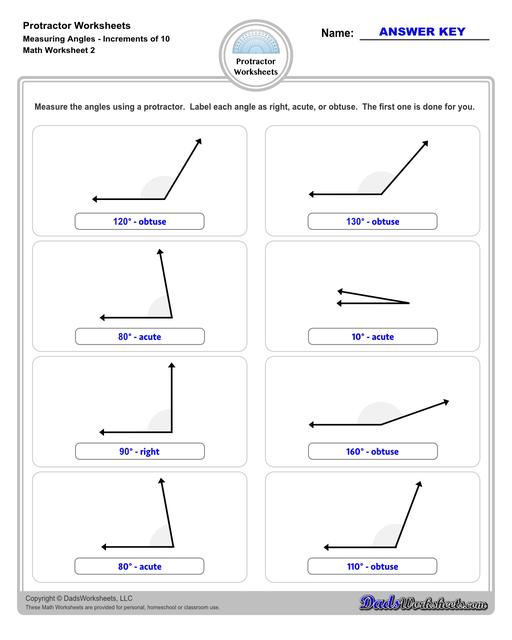 Measuring angles with a protractor worksheets, including blank printable protractor PDFs and detailed instructions on how to use a protractor to measure different types of angles. Measuring Angles with a Protractor Increments of 10 Degrees V2
