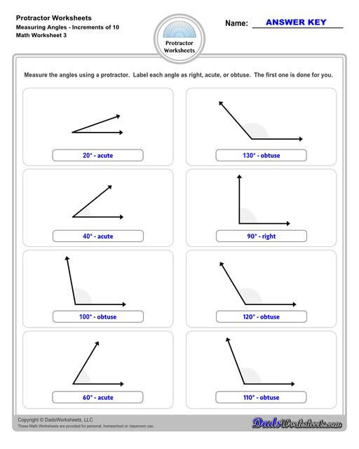 Measuring angles with a protractor worksheets, including blank printable protractor PDFs and detailed instructions on how to use a protractor to measure different types of angles. Measuring Angles with a Protractor Increments of 10 Degrees V3