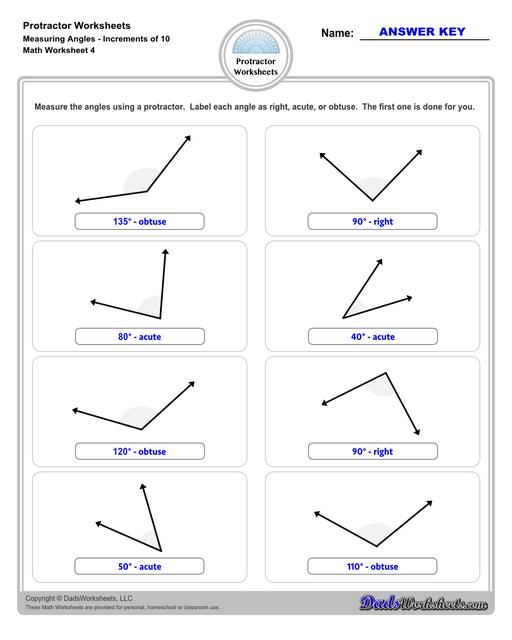 Measuring angles with a protractor worksheets, including blank printable protractor PDFs and detailed instructions on how to use a protractor to measure different types of angles. Measuring Angles with a Protractor Increments of 10 Degrees V4