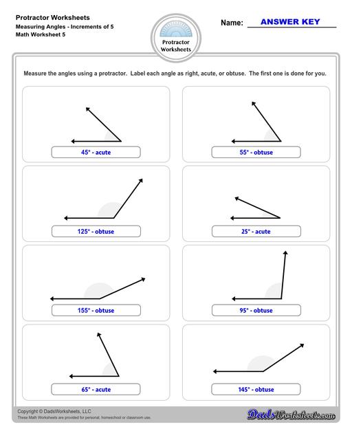 Measuring angles with a protractor worksheets, including blank printable protractor PDFs and detailed instructions on how to use a protractor to measure different types of angles. Measuring Angles with a Protractor Increments of 5 Degrees V1