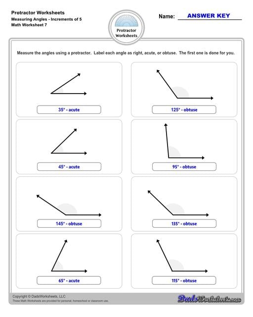 Measuring angles with a protractor worksheets, including blank printable protractor PDFs and detailed instructions on how to use a protractor to measure different types of angles. Measuring Angles with a Protractor Increments of 5 Degrees V3