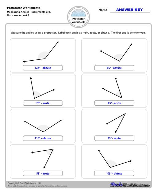Measuring angles with a protractor worksheets, including blank printable protractor PDFs and detailed instructions on how to use a protractor to measure different types of angles. Measuring Angles with a Protractor Increments of 5 Degrees V4