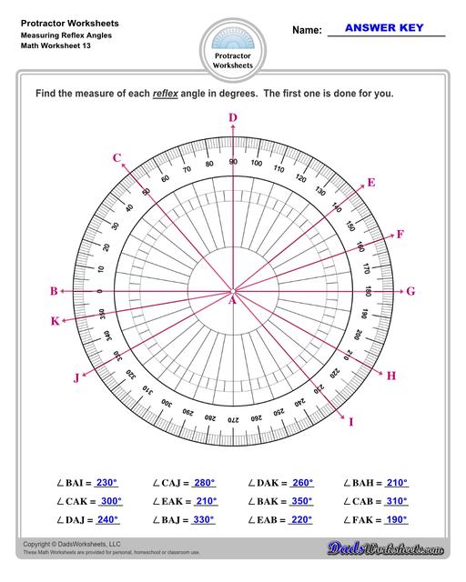 Measuring angles with a protractor worksheets, including blank printable protractor PDFs and detailed instructions on how to use a protractor to measure different types of angles.  Protractor Measuring Reflex Angles V1
