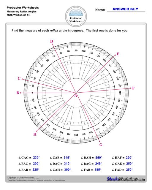 Measuring angles with a protractor worksheets, including blank printable protractor PDFs and detailed instructions on how to use a protractor to measure different types of angles.  Protractor Measuring Reflex Angles V2