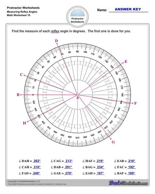 Measuring angles with a protractor worksheets, including blank printable protractor PDFs and detailed instructions on how to use a protractor to measure different types of angles.  Protractor Measuring Reflex Angles V3