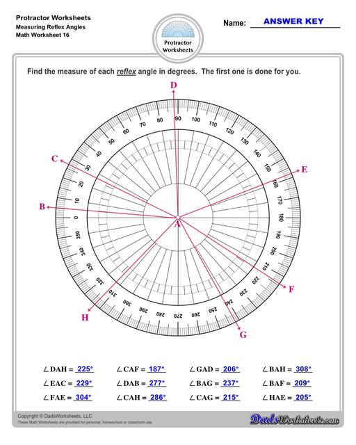 Measuring angles with a protractor worksheets, including blank printable protractor PDFs and detailed instructions on how to use a protractor to measure different types of angles.  Protractor Measuring Reflex Angles V4