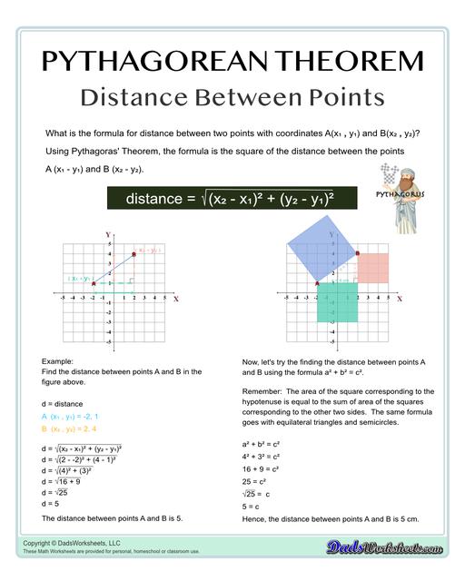 These Pythagorean Theorem worksheets require students to find the different sides of triangles using Pythagoras's theory establishing a relationship between the triangles proportions.  Pythagorean Theorem Chart Square