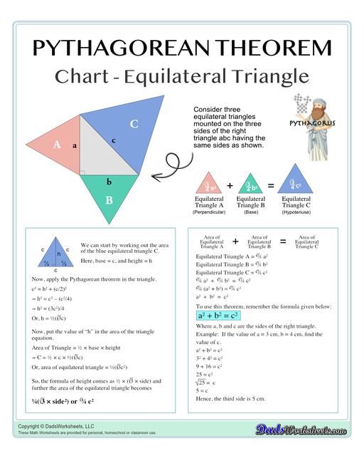 These Pythagorean Theorem worksheets require students to find the different sides of triangles using Pythagoras's theory establishing a relationship between the triangles proportions.  Pythagorean Theorem Chart Equilateral Triangle