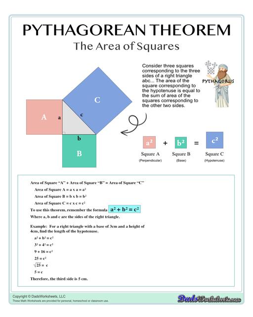 These Pythagorean Theorem worksheets require students to find the different sides of triangles using Pythagoras's theory establishing a relationship between the triangles proportions.  Pythagorean Theorem Chart Square